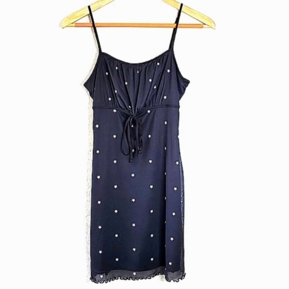 FOREVER 21 Black White Star Print Babydoll Mini Dress size S Mesh 90s Goth LBD
